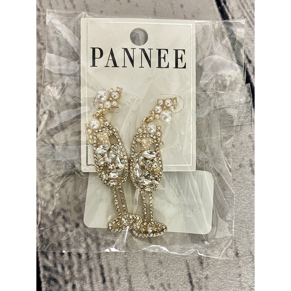 NEW Gold Tone Simulated Pearl Stone Champagne Flute Earrings New Years Eve 2.25"